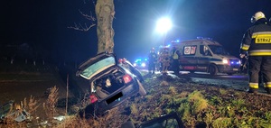 Na zdjęciu samochód osobowy rozbity na drzewie. Wokół stoją policjanci, straży, karetka pogotowia, radiowóz.